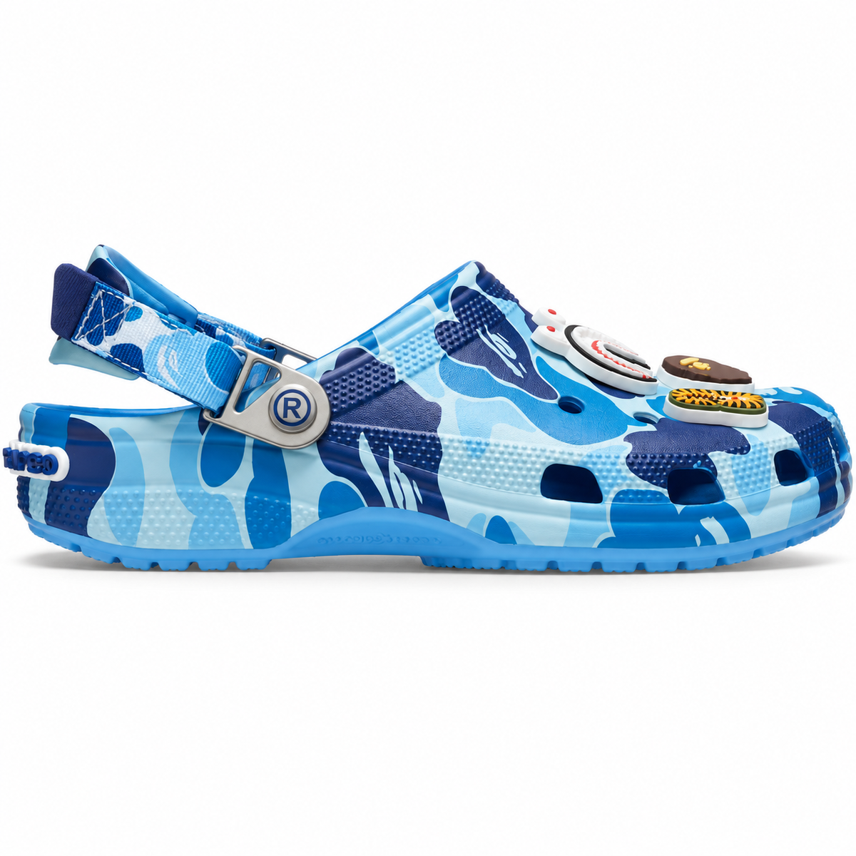 Bape camo blue foam clog, three-quarter view