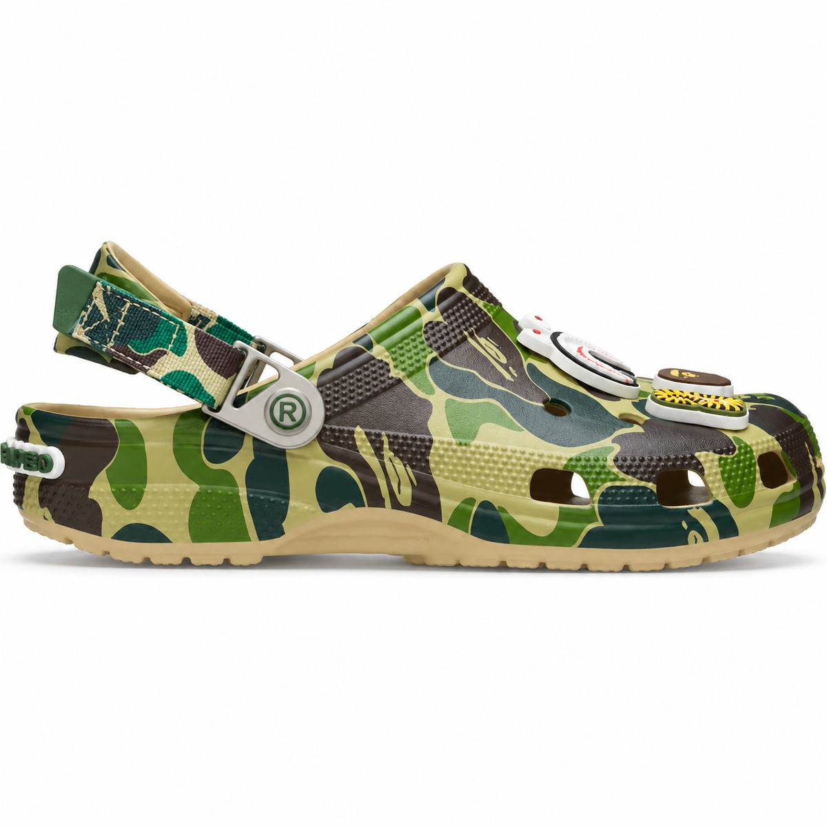 Bape camo green foam clog, three-quarter view