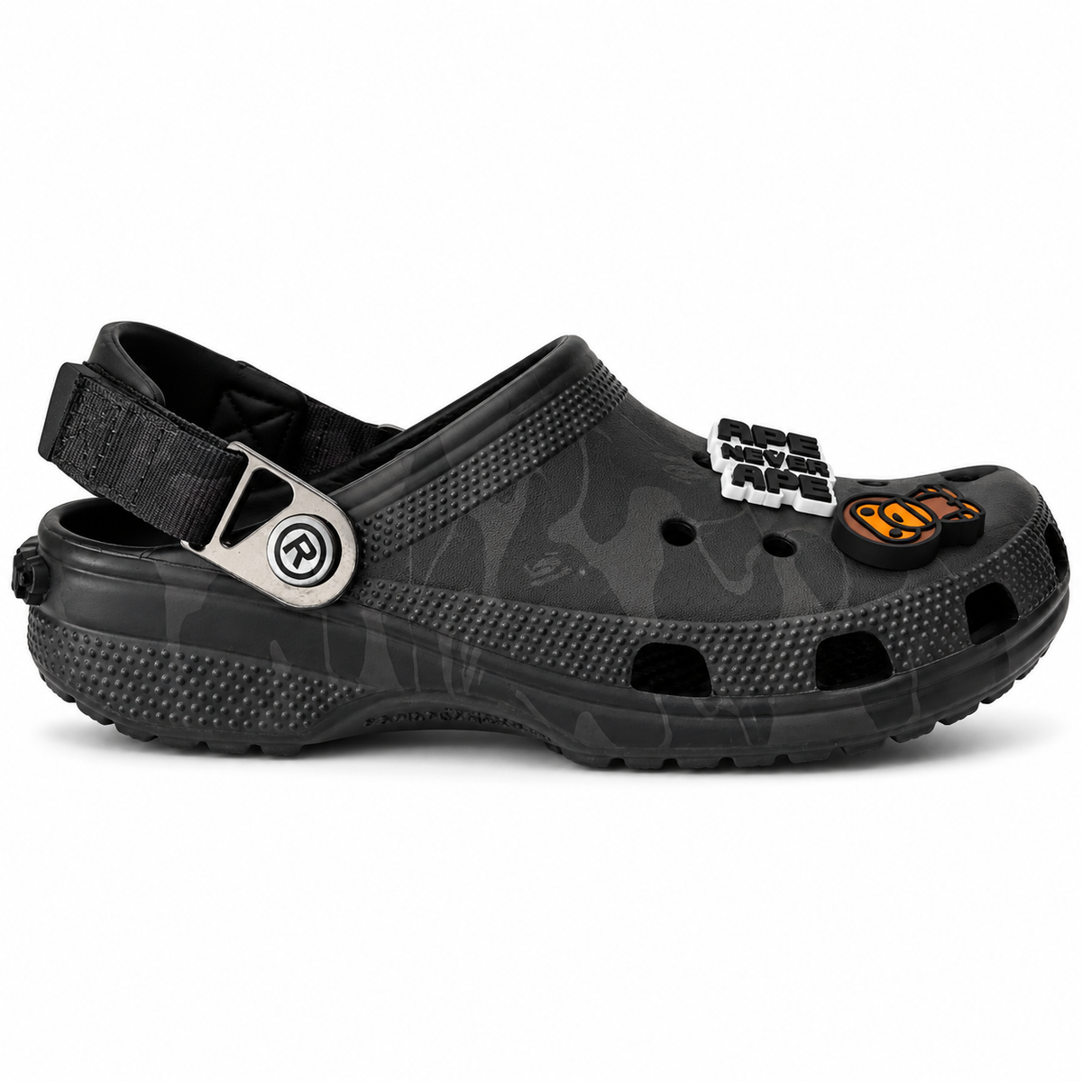 Bape camo black foam clog, three-quarter view