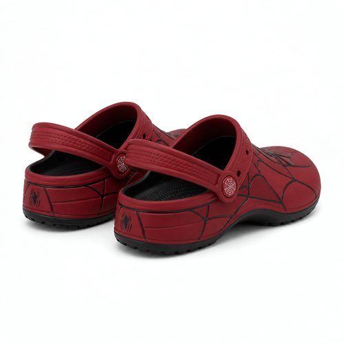 Red foam clog with web pattern, side view