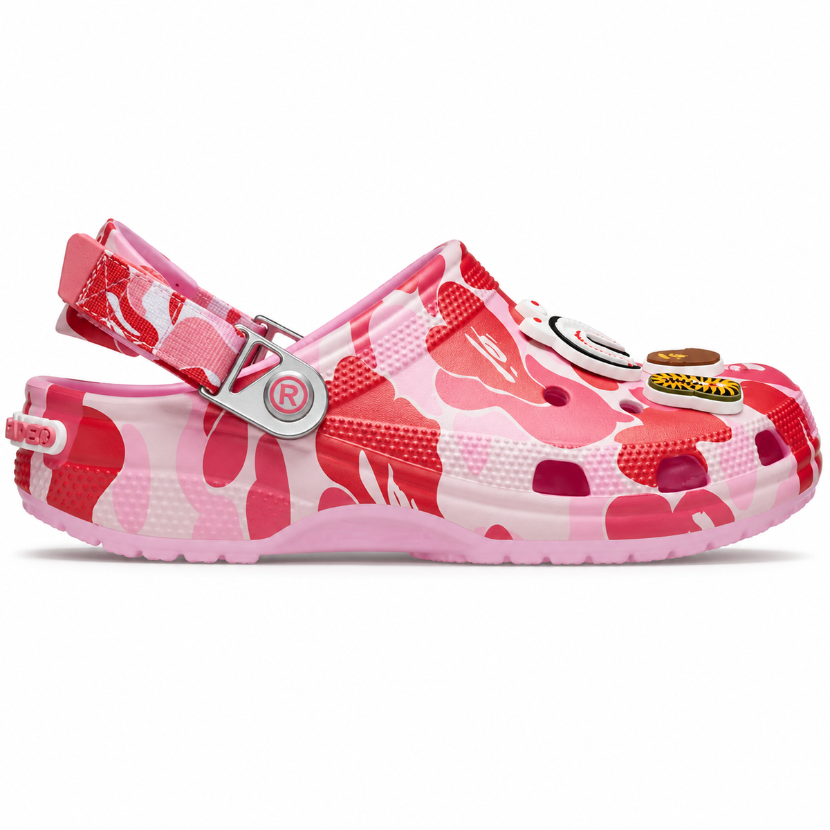 Bape camo pink foam clog, three-quarter view