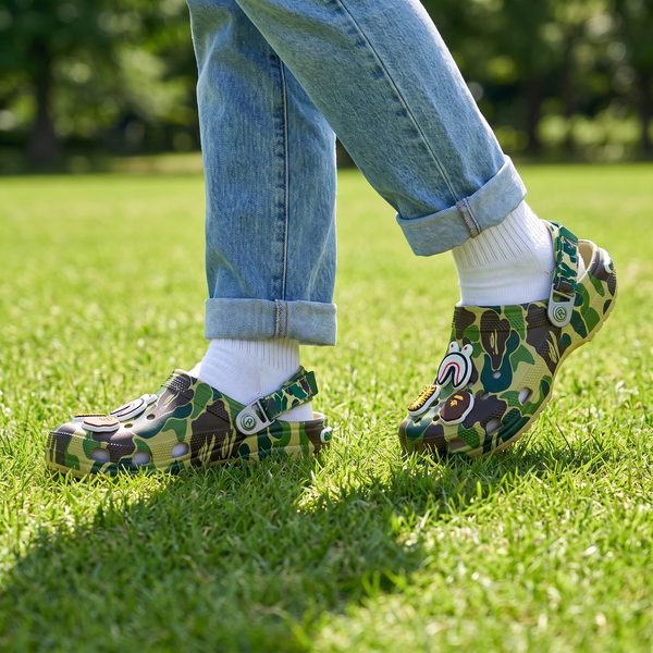 Green camo SYDZ foam clogs worn on grass