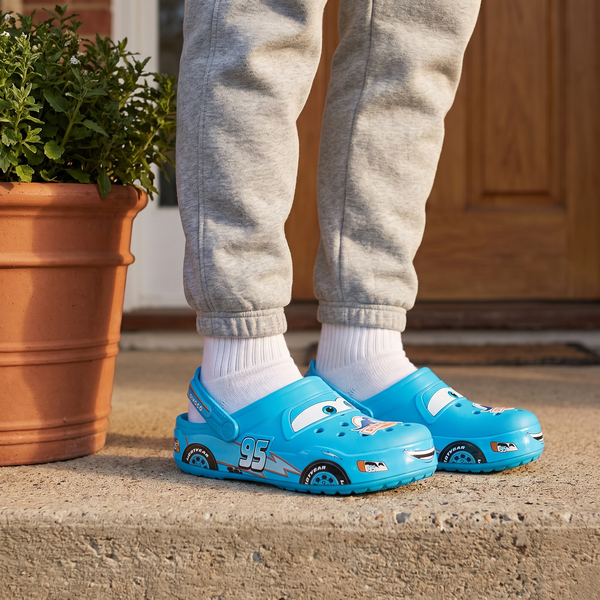 Blue racer SYDZ foam clogs worn on a doorstep